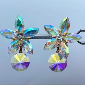Vintage Austrian Crystal Aurora Borealis Flower Dangle Earrings